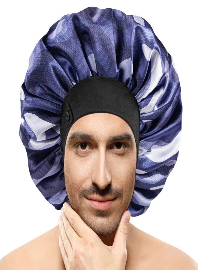 WINSTECK Satin Bonnets for Men Women, Hair Bonnet for Sleeping wih Adjustable & Soft Elastic Band, Large Silk Sleep Bonnet for Curly Hair Braids Stay on All Night (OceanCamo) - Image 1